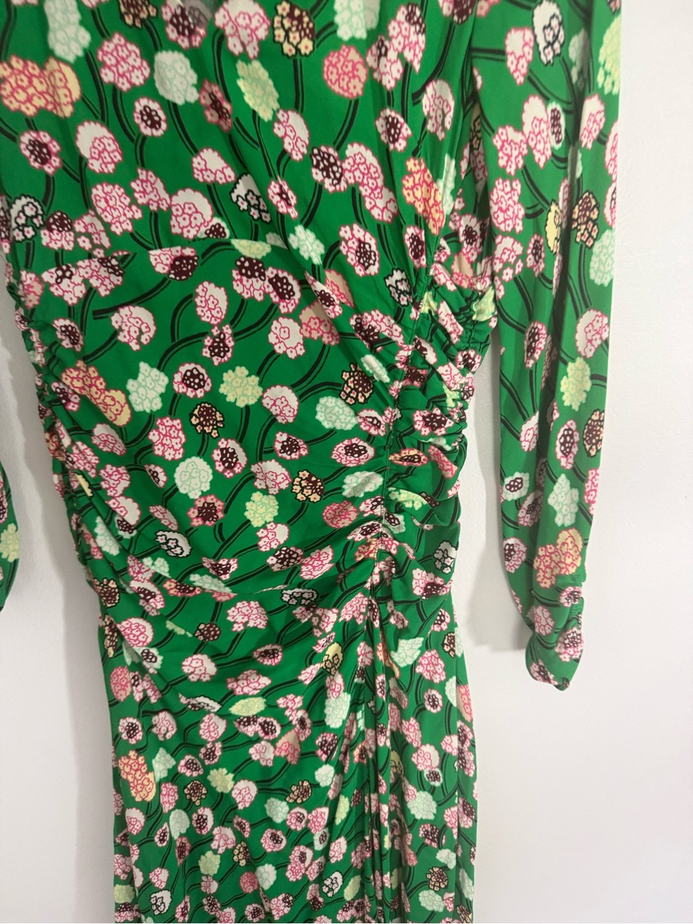 NWT ME+EM Dress Lantana Flower Print Midi Ruched in Green Pink Multi - Picture 7 of 10